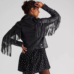 Free People Mauritius Black Fringe Leather Jacket